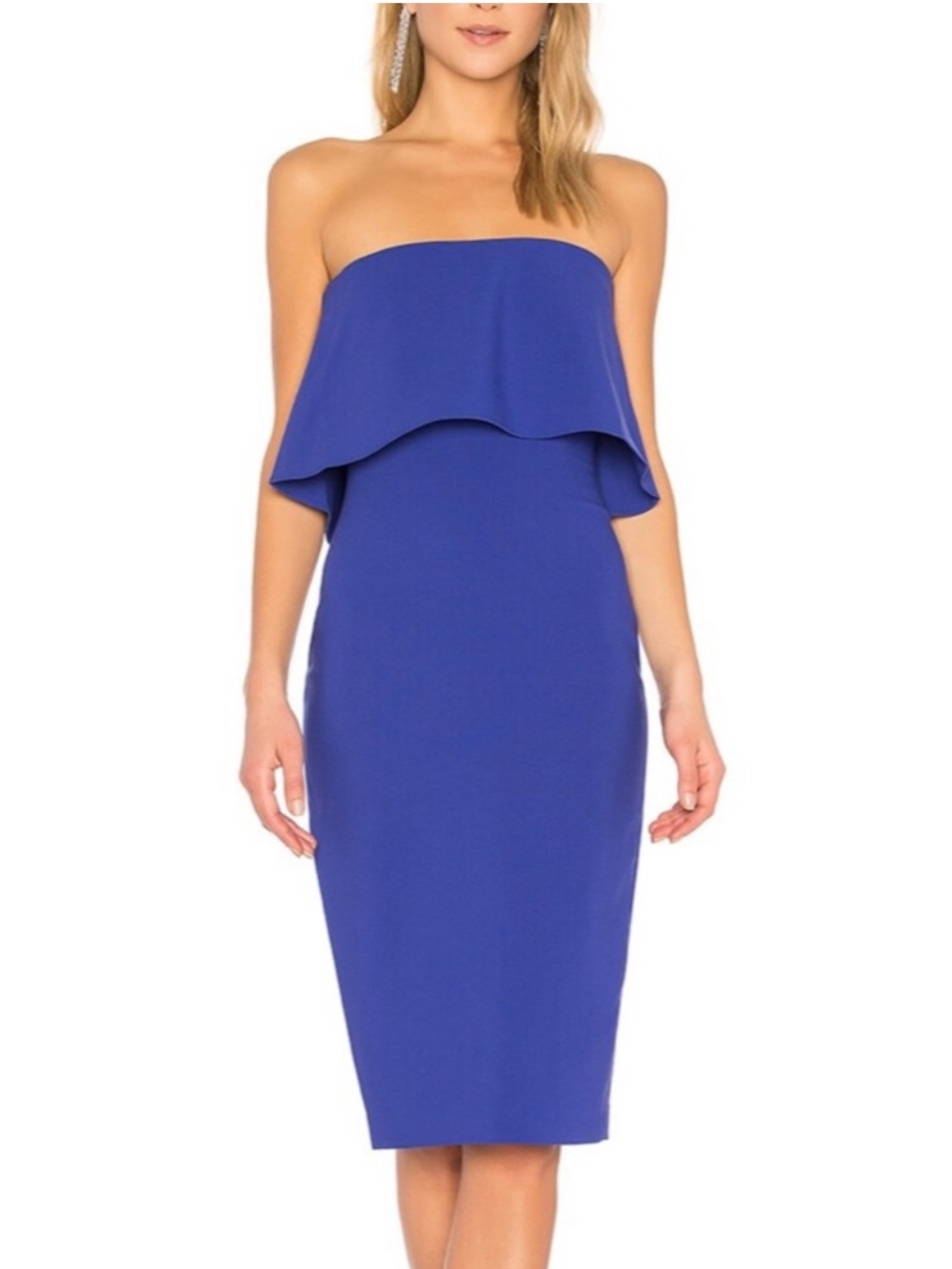 Likely Revolve Women’s Driggs Strapless Ruffle Bust Bodycon Blue Midi Dress Sz 0